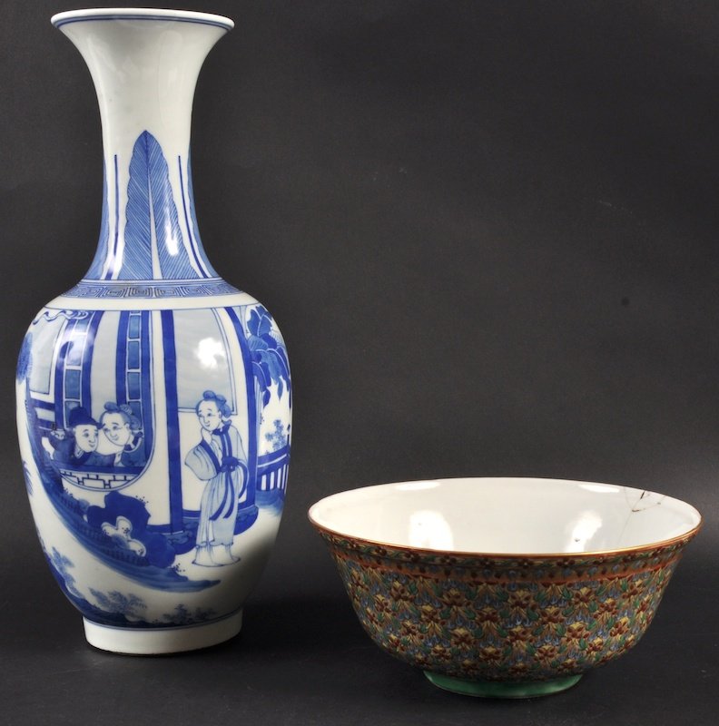 A CHINESE QING DYNASTY MILLIFIORE TYPE CIRCULAR B: A CHINESE QING DYNASTY MILLIFIORE TYPE CIRCULAR BOWL enamelled with flowers, together with a blue and white vase. Bowl repaired, vase with hairline. (2)