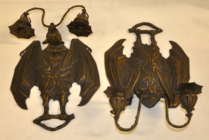 A PAIR OF FRENCH BRONZE BATS WING WALL SCONCES. : A PAIR OF FRENCH BRONZE BATS WING WALL SCONCES.