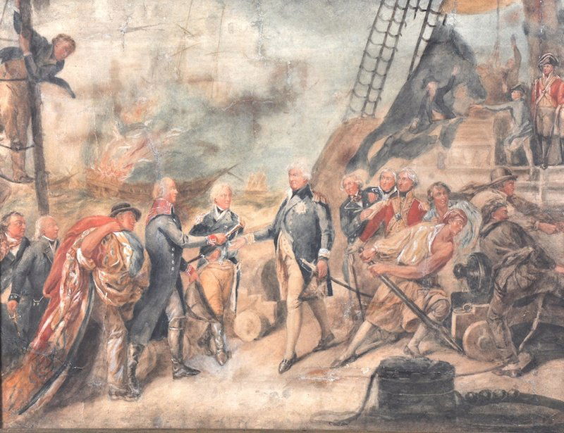 After; John Singleton Copley (1738-1815) America: After; John Singleton Copley (1738-1815) American. ‘The Battle of Camperdown’, Watercolour, 21” x 27. 5”, together with a print of the same scene.