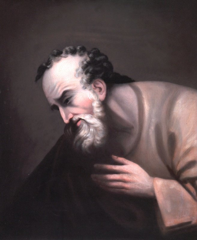 Circle of; Benjamin West (1738-1820) British/Ame: Circle of; Benjamin West (1738-1820) British/American. Bust portrait of a Saint, Oil on Canvas laid down, 30” x 25”.