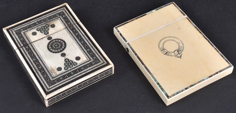 A 19TH CENTURY IVORY MOSAIC CARD CASE AND COVER t: A 19TH CENTURY IVORY MOSAIC CARD CASE AND COVER together with another ivory and mother of pearl card case. (2)