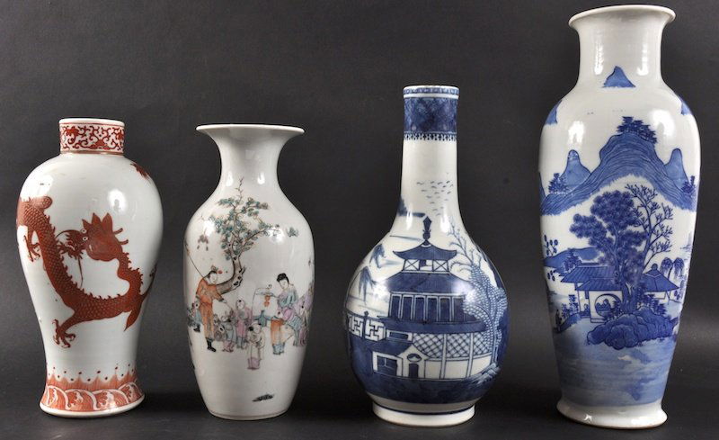 AN 18TH CENTURY CHINESE EXPORT BLUE AND WHITE GUGLET: AN 18TH CENTURY CHINESE EXPORT BLUE AND WHITE GUGLET together with three other Chinese vases. Some faults. Largest 12.5ins high. (4)