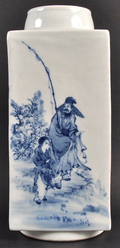 A CHINESE BLUE AND WHITE PORCELAIN ‘KONG’ VASE bearing: A CHINESE BLUE AND WHITE PORCELAIN ‘KONG’ VASE bearing Qianlong marks to base, painted with a scholar and child within a landscape. Good condition. 11. 5ins high.