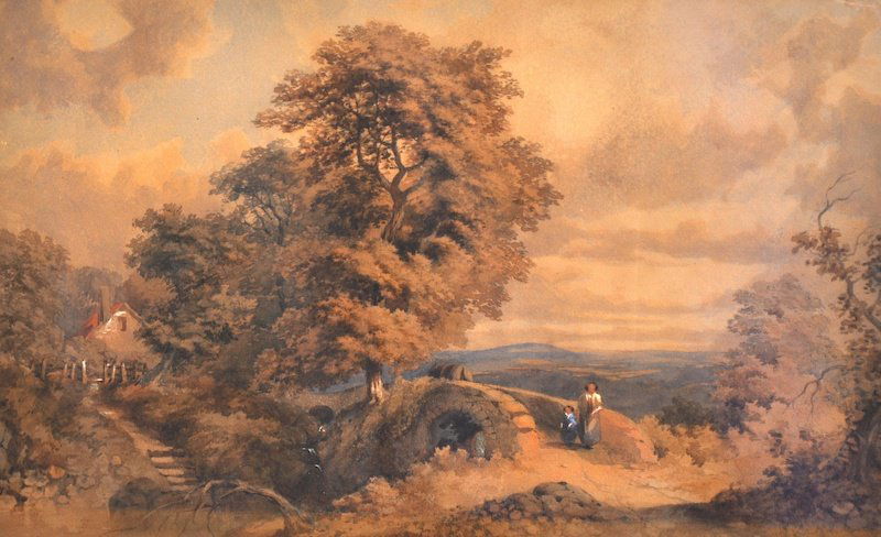 James Burrell Smith (1822-1897) British. River landscap: James Burrell Smith (1822-1897) British. River landscape with figures crossing a bridge, Watercolour, Signed, 11” x 17”.