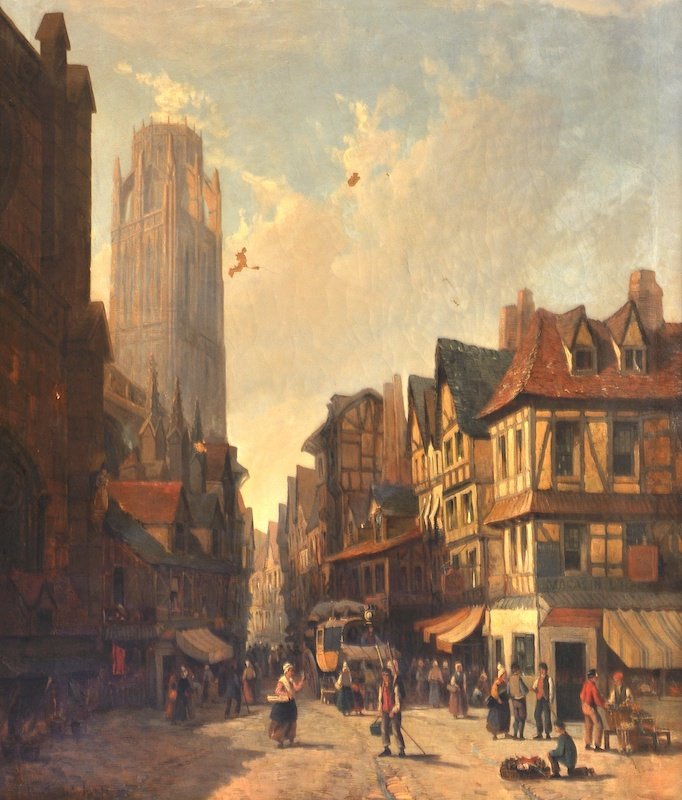 Henry Thomas Schaefer (act.1873-1915) British. A Belgia: Henry Thomas Schaefer (act.1873-1915) British. A Belgian Street Scene, with numerous figures and a coach, Oil on Canvas, Indistinctly Inscribed, 30” x 25”.