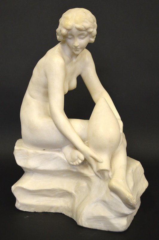 A GOOD 19TH CENTURY ITALIAN CARVED WHITE MARBLE SEATED : A GOOD 19TH CENTURY ITALIAN CARVED WHITE MARBLE SEATED NUDE YOUNG LADY pouring water from a vessel. 15ins high.