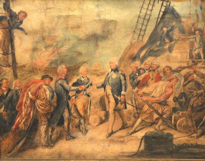 After; John Singleton Copley (17381815) American. ‘The: After; John Singleton Copley (17381815) American. ‘The Battle of Camperdown’, Watercolour, 21” x 27.5”, together with a print of the same scene.