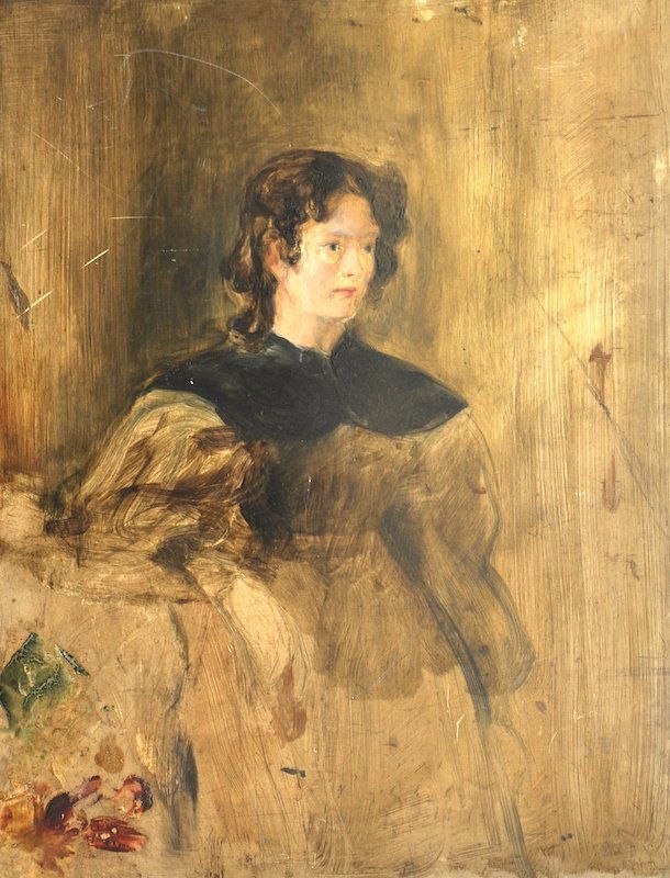 Circle of; David Wilkie (17851841) British. Sketch of a: Circle of; David Wilkie (17851841) British. Sketch of a lady, wearing a white dress with a blue collar, Oil on Panel, Unframed, 18.5” x 14”.