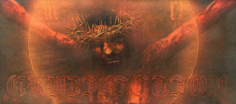 Pietro Psaier (19362004) Italian. ‘Crucifixion, No. 1, : Pietro Psaier (19362004) Italian. ‘Crucifixion, No. 1, John 11.23, Your brother will rise again, The Last Picture Show, 2004, Del Museo De Pasion. Heavy oil base upon canvas with inks, tints and liq