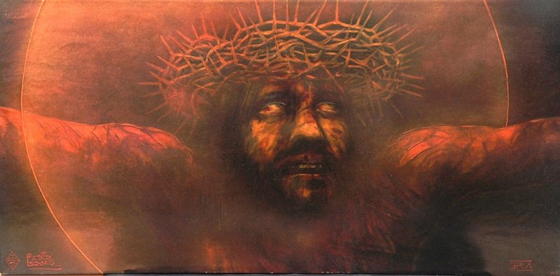 Pietro Psaier (19362004) Italian. ‘Crucifixion, No. 2,: Pietro Psaier (19362004) Italian. ‘Crucifixion, No. 2, John 9.35, Do you believe in the Son of God, The Last Picture Show, 2004, Del Museo De Pasion. Heavy oil base upon canvas with inks, tints and