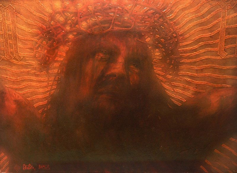 Pietro Psaier (19362004) Italian. ‘Crucifixion, No. 4, : Pietro Psaier (19362004) Italian. ‘Crucifixion, No. 4, Jesus of Nazareth, The Last Picture Show, 2004, Del Museo De Pasion. Heavy oil base upon canvas with inks, tints and liquidex, Signed, Unframed