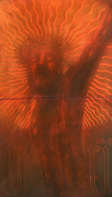 Pietro Psaier (19362004) Italian. ‘Crucifixion, No. 5,: Pietro Psaier (19362004) Italian. ‘Crucifixion, No. 5, I am the Alpha and the Omega, The Last Picture Show, 2004, Del Museo De Pasion. Heavy oil base upon canvas with inks, tints and liquidex, Signe