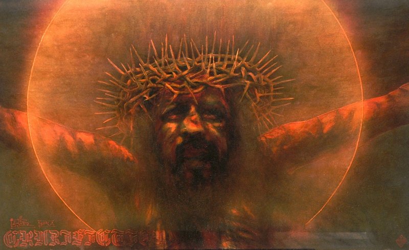 Pietro Psaier (19362004) Italian. ‘Crucifixion, No. 9.: Pietro Psaier (19362004) Italian. ‘Crucifixion, No. 9. Luke 23.28. Do not weep for me but weep for yourself, The Last Picture Show, 2004, Del Museo De Pasion. Heavy oil base upon canvas with inks, t