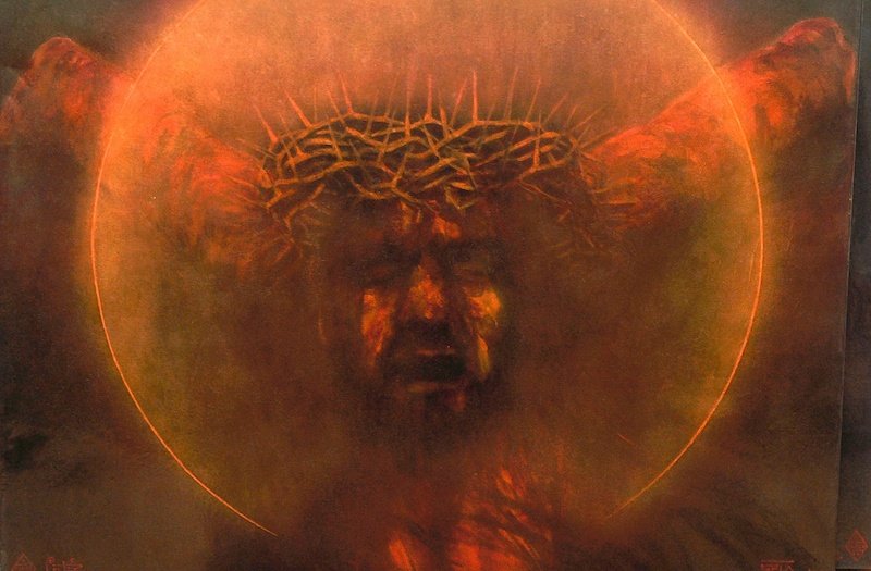 Pietro Psaier (19362004) Italian. ‘Crucifixion, No. 11: Pietro Psaier (19362004) Italian. ‘Crucifixion, No. 11. Luke 23.46. Father into your hands I commeth my spirit, The Last Picture Show, 2004, Del Museo De Pasion. Heavy oil base upon canvas with inks