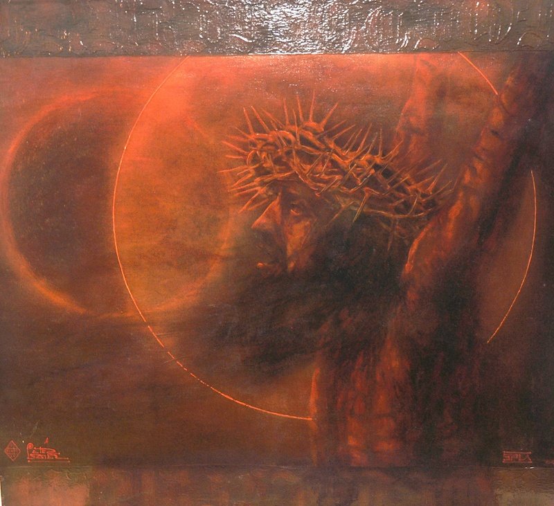 Pietro Psaier (19362004) Italian. ‘Crucifixion, No. 12: Pietro Psaier (19362004) Italian. ‘Crucifixion, No. 12, Luke 23.44. There was darkness over all the earth, The Last Picture Show, 2004, Del Museo De Pasion. Heavy oil base upon canvas with inks, tin