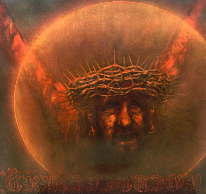 Pietro Psaier (19362004) Italian. ‘Crucifixion, No. 13: Pietro Psaier (19362004) Italian. ‘Crucifixion, No. 13, Luke 11.25, On the resurrection and the life, The Last Picture Show, 2004, Del Museo De Pasion. Heavy oil base upon canvas with inks, tints an