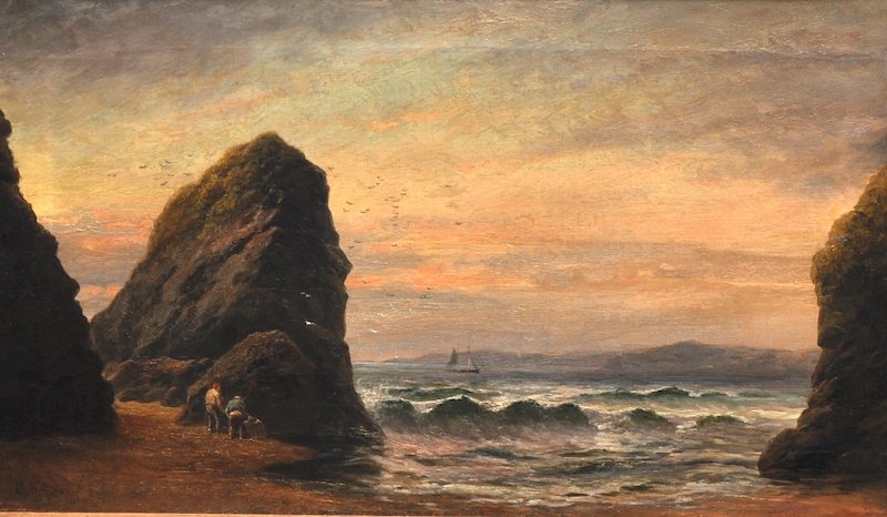 George Henry Jenkins (18431914) British. A Coastal Scen: George Henry Jenkins (18431914) British. A Coastal Scene, with fishermen tending their pots, Oil on Canvas, Signed, 14” x 24”.