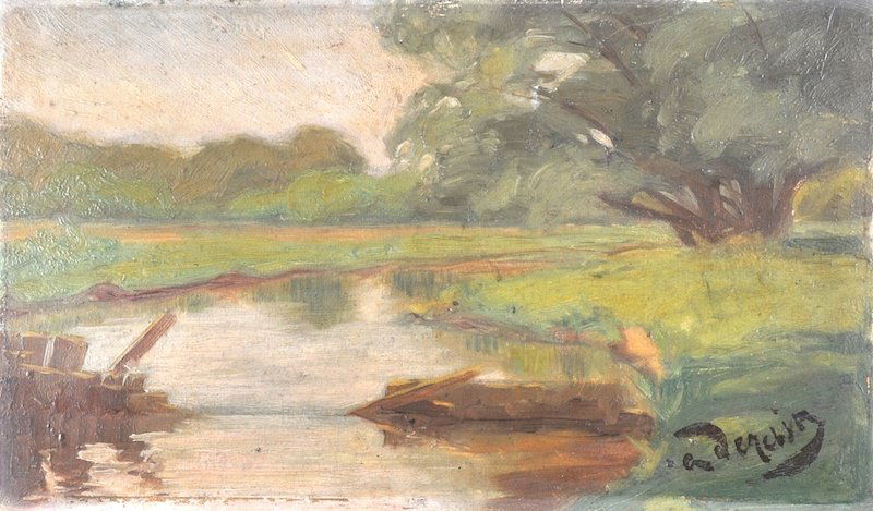 Circle of; Andre Derain (18801954) French. A river lan: Circle of; Andre Derain (18801954) French. A river landscape, Oil on Board, Bears a Signature, Unframed, 5” x 8.5”.