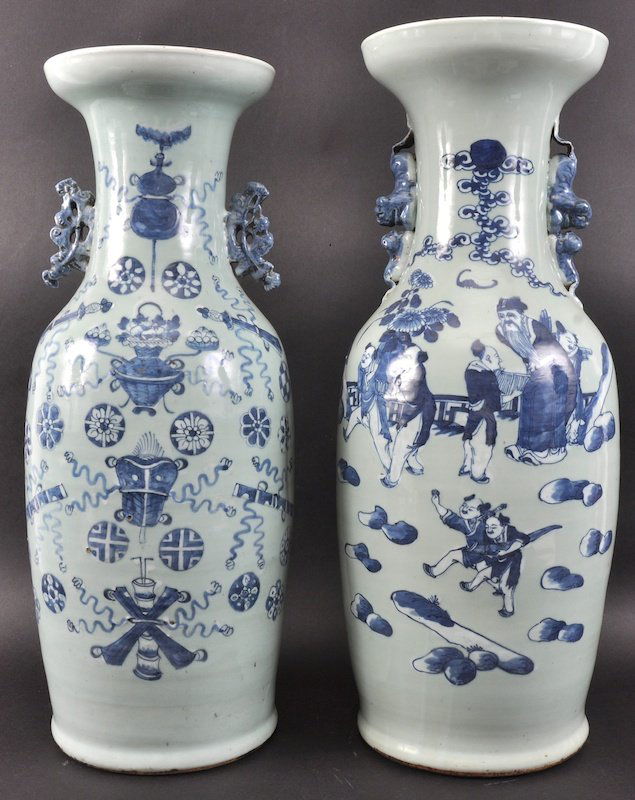 A PAIR OF 19TH CENTURY CHINESE BLUE AND WHITE VASES dec: A PAIR OF 19TH CENTURY CHINESE BLUE AND WHITE VASES decorated on a green celadon ground with figures and foliage. Rim chips. 1ft 11ins high.