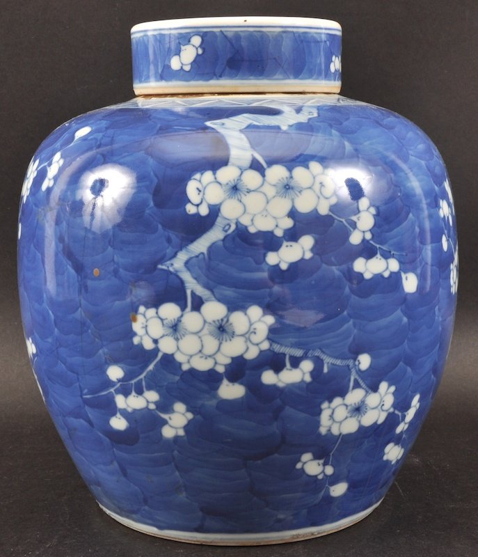 A 19TH CENTURY CHINESE BLUE AND WHITE GINGER JAR AND CO: A 19TH CENTURY CHINESE BLUE AND WHITE GINGER JAR AND COVER painted with flowering prunus. Good condition. 9.75ins high.