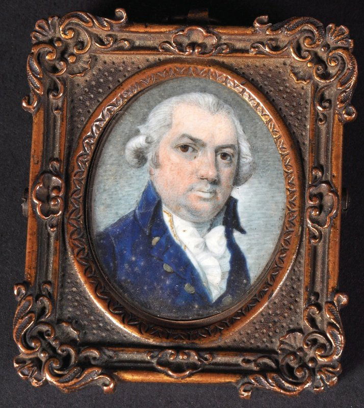 Manner of George Englehart (1750-1829) Portrait of a Ge: Manner of George Englehart (1750-1829) Portrait of a Gentleman, in a blue coat with gold buttons and a white cravat, 1.6” x 1.1” in a square brass frame.