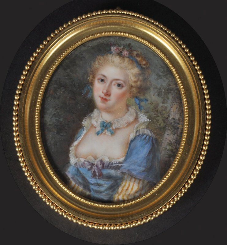 19th Century French School Portrait of a Young Lady, in: 19th Century French School Portrait of a Young Lady, in a blue dress with striped sleeves and a white edging, a white lace collar with a blue bow and blue ribbons and flowers in her hair. 4”x 3” i