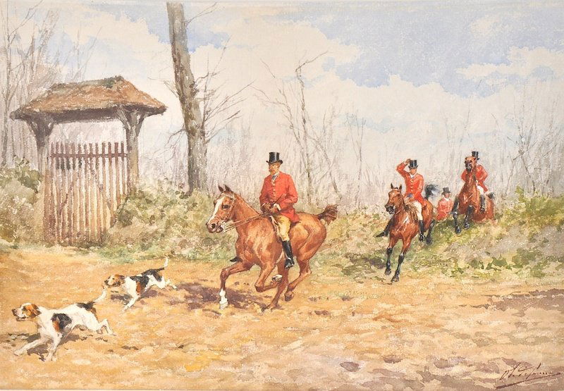 Olivier Charles De Penne (1831-1897) French. A Hunting: Olivier Charles De Penne (1831-1897) French. A Hunting scene, with Huntsmen in Pink Coats and Silk Top Hats, led by the hounds, Watercolour, Signed, Unframed, 13.25” x 19.25”.