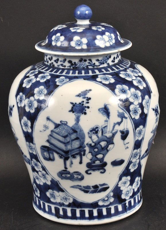 A 19TH CENTURY CHINESE BLUE AND WHITE BALUSTER VASE AND: A 19TH CENTURY CHINESE BLUE AND WHITE BALUSTER VASE AND COVER painted with precious objects. Minor fritting. 10.25ins high.