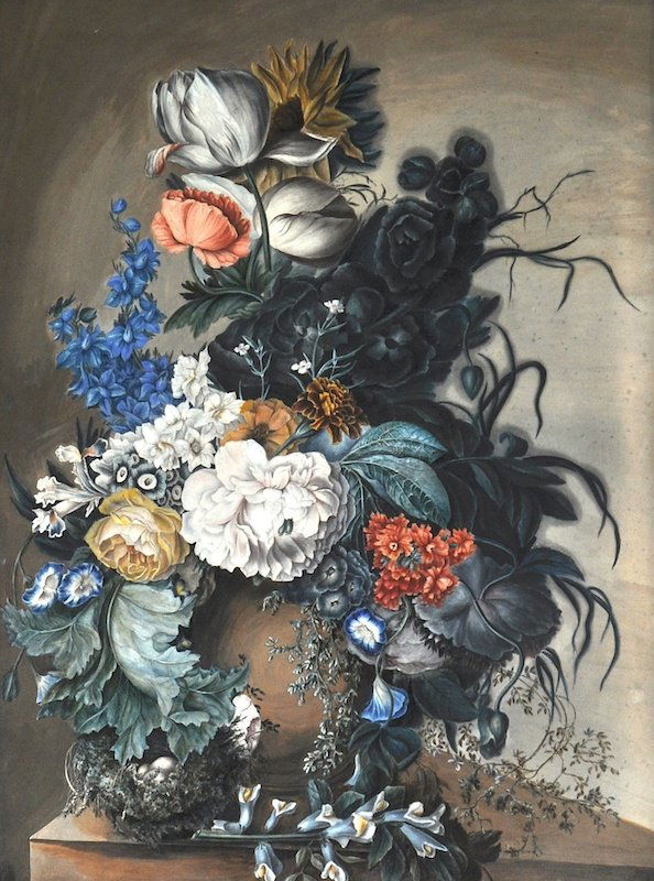 19th Century Dutch School. Still Life of Flowers in an : 19th Century Dutch School. Still Life of Flowers in an Urn on a ledge with a bird’s nest in the foreground, Watercolour and Gouache in a stripped carved wood frame, 29.5” x 22”.