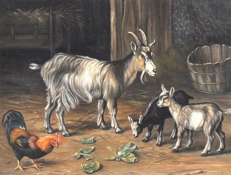Manner of Edgar Hunt. (1876-1953) British. A Farm scene: Manner of Edgar Hunt. (1876-1953) British. A Farm scene with Goats and a Chicken, Oil on Canvas, Bears a Signature and date 1907, 8” x 10”