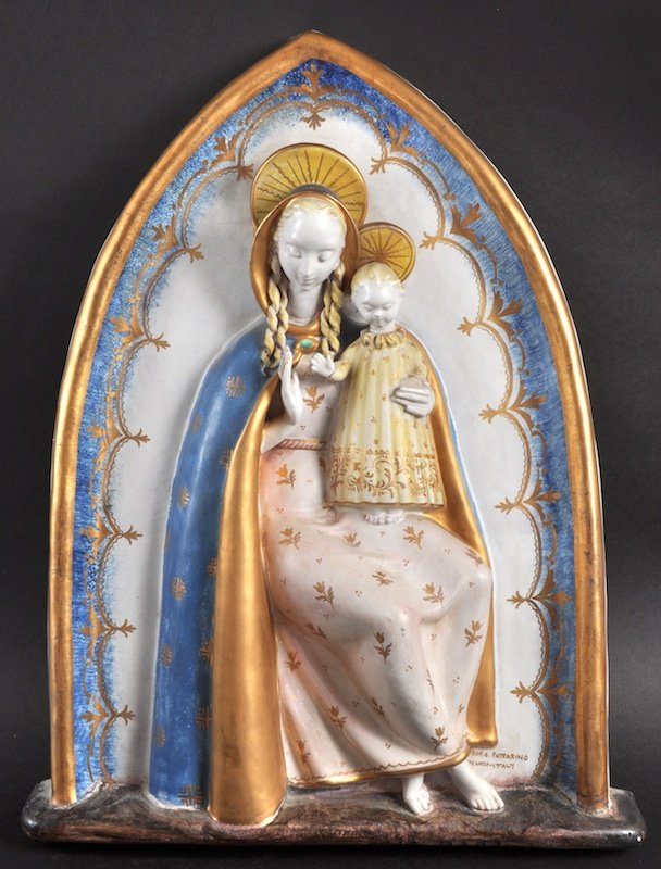 A PORCELAIN PLAQUE “MADONNA AND CHILD” by PROF. E.: A PORCELAIN PLAQUE “MADONNA AND CHILD” by PROF. E. PATTARINO. Signed.