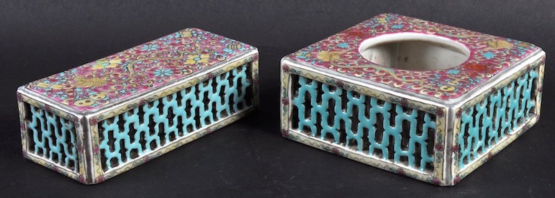 A CHINESE PORCELAIN ENAMELLED SQUARE INCENSE BURNER: A CHINESE PORCELAIN ENAMELLED SQUARE INCENSE BURNER bearing Daoguang marks to base, together with another. Minor wear. (2)