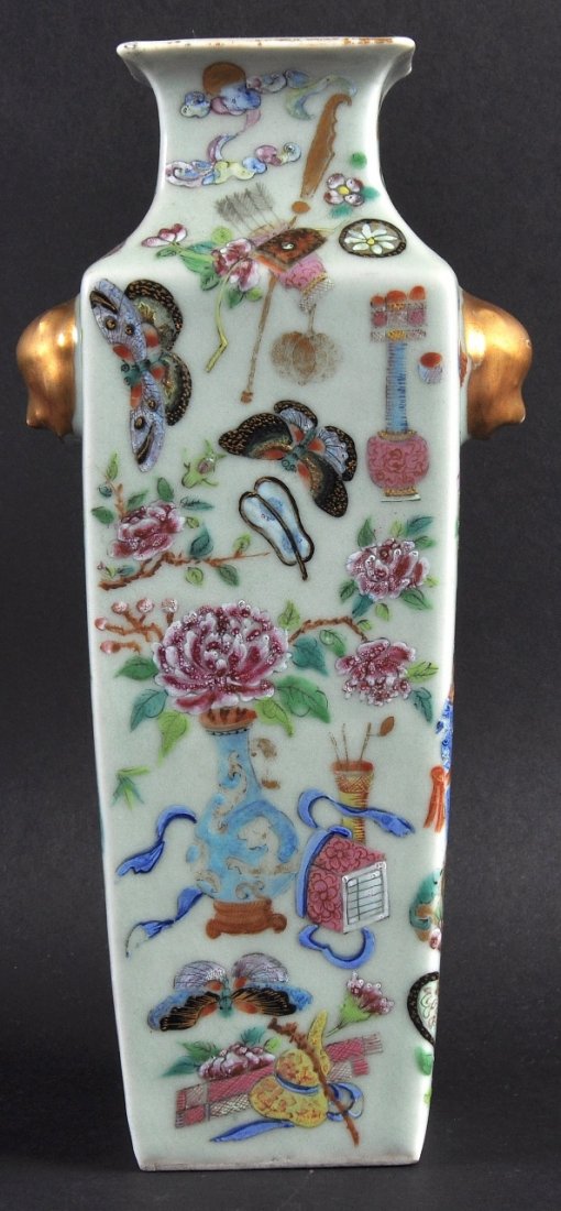 A 19TH CENTURY CHINESE CANTON SQUARE FORM CELADON VASE: A 19TH CENTURY CHINESE CANTON SQUARE FORM CELADON VASE painted with insects and precious objects. Good condition. 9.25ins high.