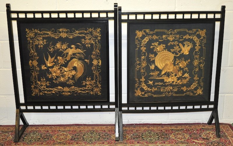 A PAIR OF EARLY 20TH CENTURY CHINESE SILKWORK SCREENS d: A PAIR OF EARLY 20TH CENTURY CHINESE SILKWORK SCREENS depicting birds amongst foliage. 3ft x 2ft 7ins.