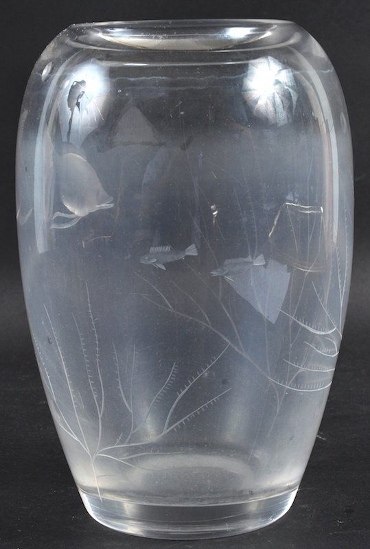 A HEAVY GLASS VASE engraved with fish and seaweed. 8in Sep 13, 2013 John Nicholson