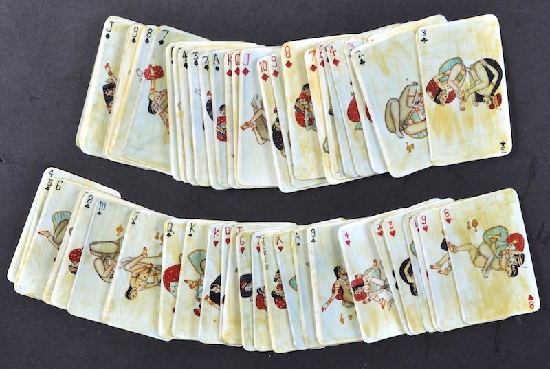 A VERY RARE SET OF INDIAN PAINTED IVORY EROTIC PLAYING : A VERY RARE SET OF INDIAN PAINTED IVORY EROTIC PLAYING CARDS each 3.5ins x 2ins.