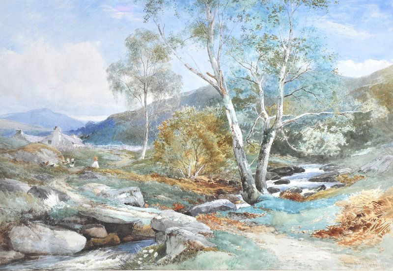 David Bates (1840/1-1921) British. A Worcester River: David Bates (1840/1-1921) British. A Worcester River Landscape, with a figure with Chickens, and a cottage beyond, Watercolour, Signed and Dated 1900, 14” x 20.75”.