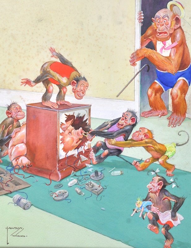 Lawson Wood (1878-1957) British. Monkeys at play, with: Lawson Wood (1878-1957) British. Monkeys at play, with a Pig, Watercolour, Signed, 15.5” x 12”