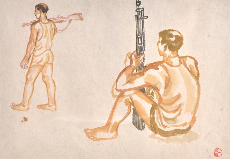Diep Minh Chau (1919-2002) Vietnamese. Two soldiers in: Diep Minh Chau (1919-2002) Vietnamese. Two soldiers in a state of undress, holding guns, Watercolour, Signed with Motif, 10.5” x 15”. Provenance; Roy Miles Gallery