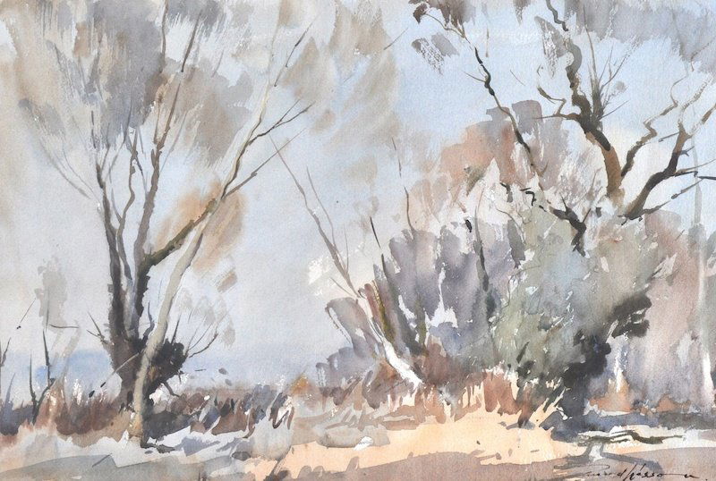 Edward Wesson (1910-1983) British. An Autumnal: Edward Wesson (1910-1983) British. An Autumnal landscape with trees, Watercolour, Signed, 13” x 19.5”, and the companion piece, a pair (2)