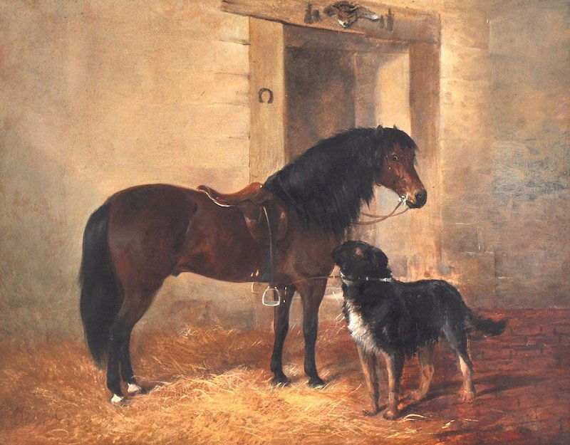 John Duvall (1816-1892) British. ‘Waiting for Master’,: John Duvall (1816-1892) British. ‘Waiting for Master’, a saddled horse and a Dog holding a whip in its mouth, Oil on Canvas, Signed, 16” x 20”