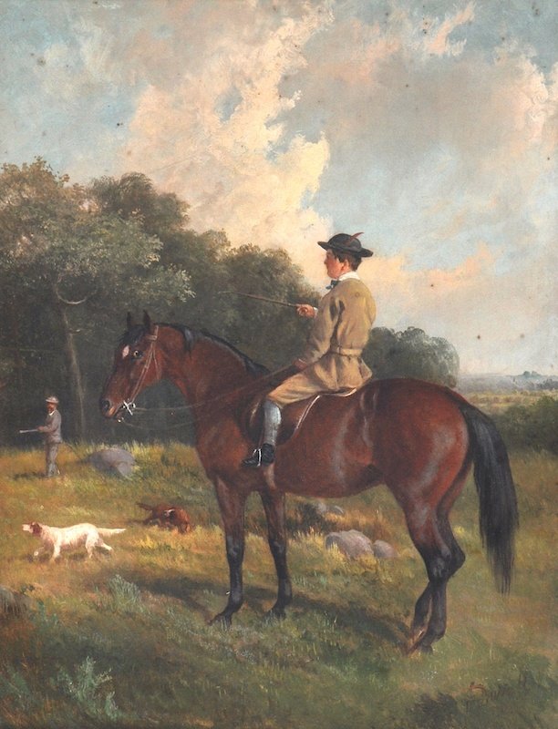 John Duvall (1816-1892) British. A young boy on a: John Duvall (1816-1892) British. A young boy on a horse, watching a man with a gun, with dogs on point, Oil on Canvas, Signed, 18” x 14”.