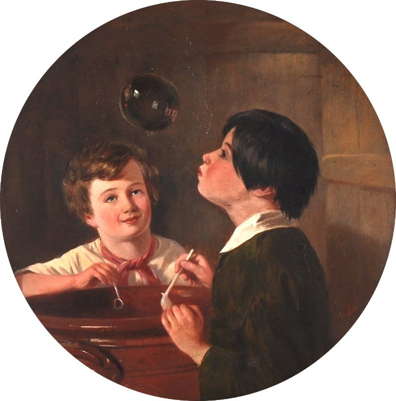 John Duvall (1816-1892) British. ‘Blowing Bubbles’, an: John Duvall (1816-1892) British. ‘Blowing Bubbles’, an interior with two children, Oil on Canvas, Signed with Initials, Painted Tondo, 12” x 12”, and the companion piece, interior with two chi
