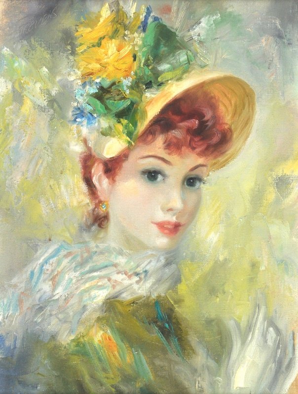 John Strevens (1902-1990) British. ‘Springtime’, head: John Strevens (1902-1990) British. ‘Springtime’, head of a young girl, with a floral hat, Oil on Canvas, Signed, and Inscribed verso, 18” x 14”