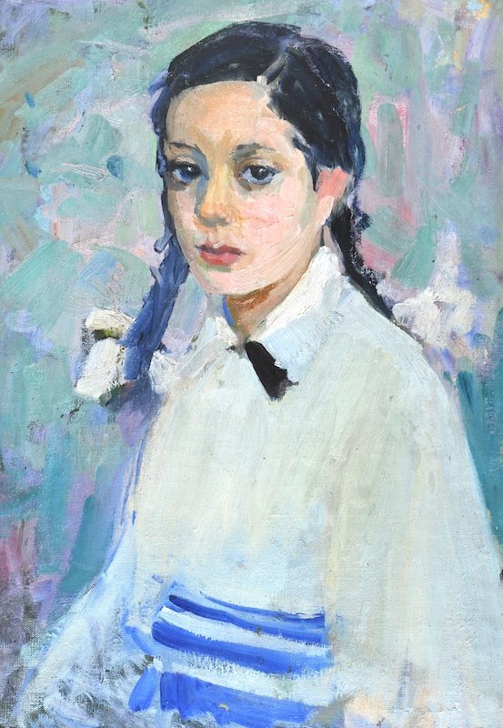 20th Century Russian School. Portrait of a young girl,: 20th Century Russian School. Portrait of a young girl, wearing a white dress with a blue and white sash. Oil on Canvas, Indistinctly Signed on reverse, 25” x 17.5”