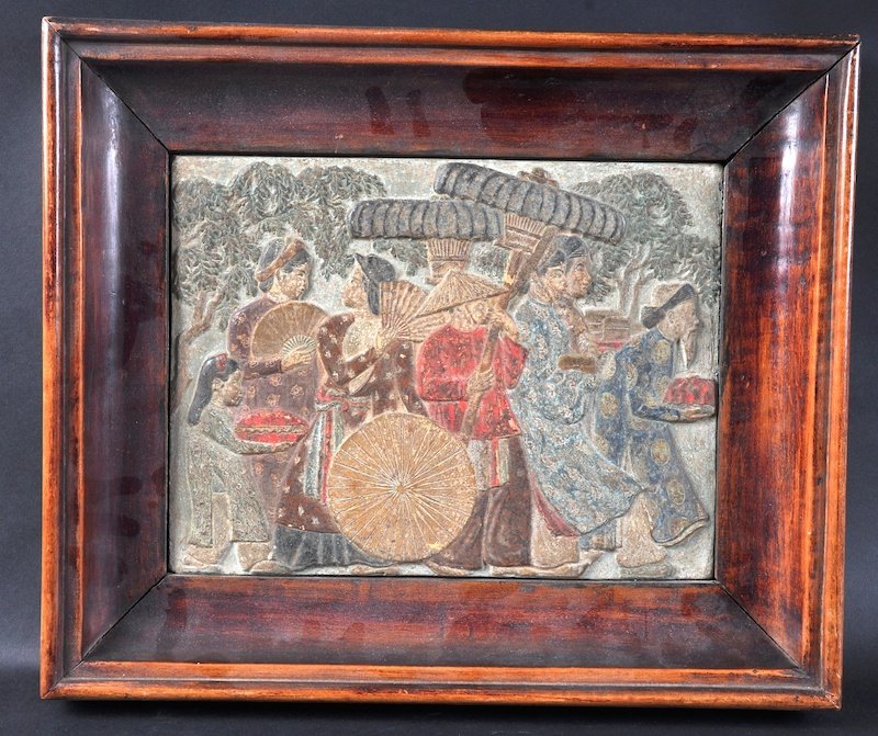 A 19TH CENTURY CHINESE POLYCHROMED POTTERY TILE: A 19TH CENTURY CHINESE POLYCHROMED POTTERY TILE decorated with figures. Good condition. Panel 10.75ins x 8.25ins.