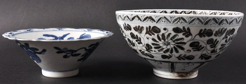 A CHINESE BLUE AND WHITE MING STYLE BOWL together with: A CHINESE BLUE AND WHITE MING STYLE BOWL together with a circular porcelain bowl. Minor fritting. 7.5ins & 5.5ins diameter. (2)