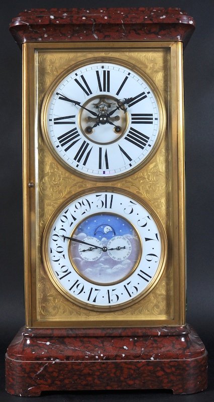 A SUPERB LARGE 19TH CENTURY FRENCH “LONG DURATION”: A SUPERB LARGE 19TH CENTURY FRENCH “LONG DURATION” CLOCK, with marble top and base. Large black and white dial, with Roman numerals, the secondary dial with day, date, and month, with faces of the