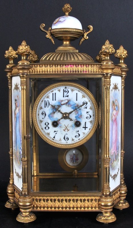 A SUPERB 19TH CENTURY FRENCH BRASS CLOCK, with urn: A SUPERB 19TH CENTURY FRENCH BRASS CLOCK, with urn finial and bouquets, the dial painted with roses, the sides with two painted panels of young ladies, and supported on six bun feet. 15 inches high.