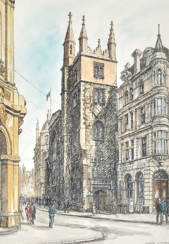 Hubert John Williams (1905-1989) British. ‘St Andrew: Hubert John Williams (1905-1989) British. ‘St Andrew Undershaft’, a street scene, Watercolour and Ink, Signed, Inscribed verso, 15.5” x 11”.